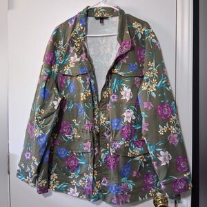 Lane Bryant Floral Zip Gathered Waist Utility Jacket Olive & Purple Size 22/24